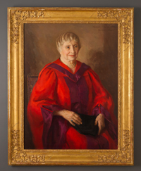 Oil portrait painting by Alexander Clayton of Helen Keller, seated, wearing a red and purple graduation robe and holding a black cap. Westport, Connecticut, 1956.