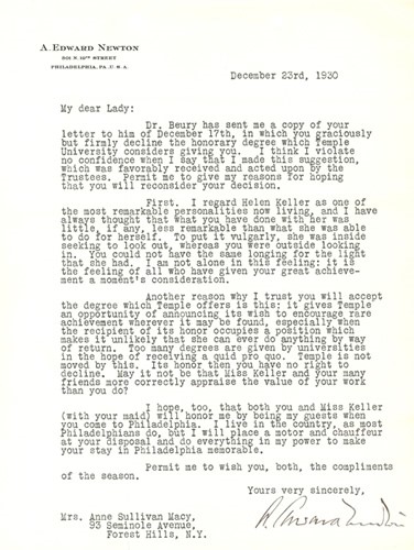 A. Edward Newton letter to Anne Sullivan Macy