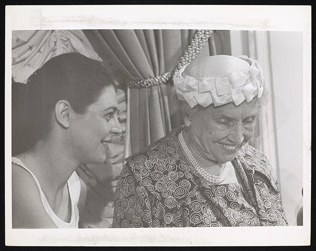 Anne Bancroft and Helen Keller at an 80th birthday party for Keller.