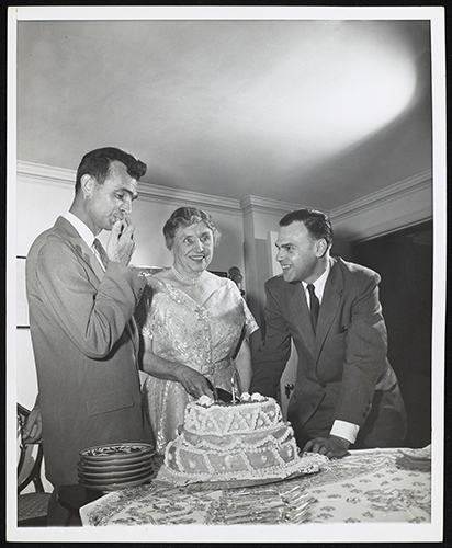 Helen Keller, M. Robert Barnett and Eric Boulter with birthday cake.