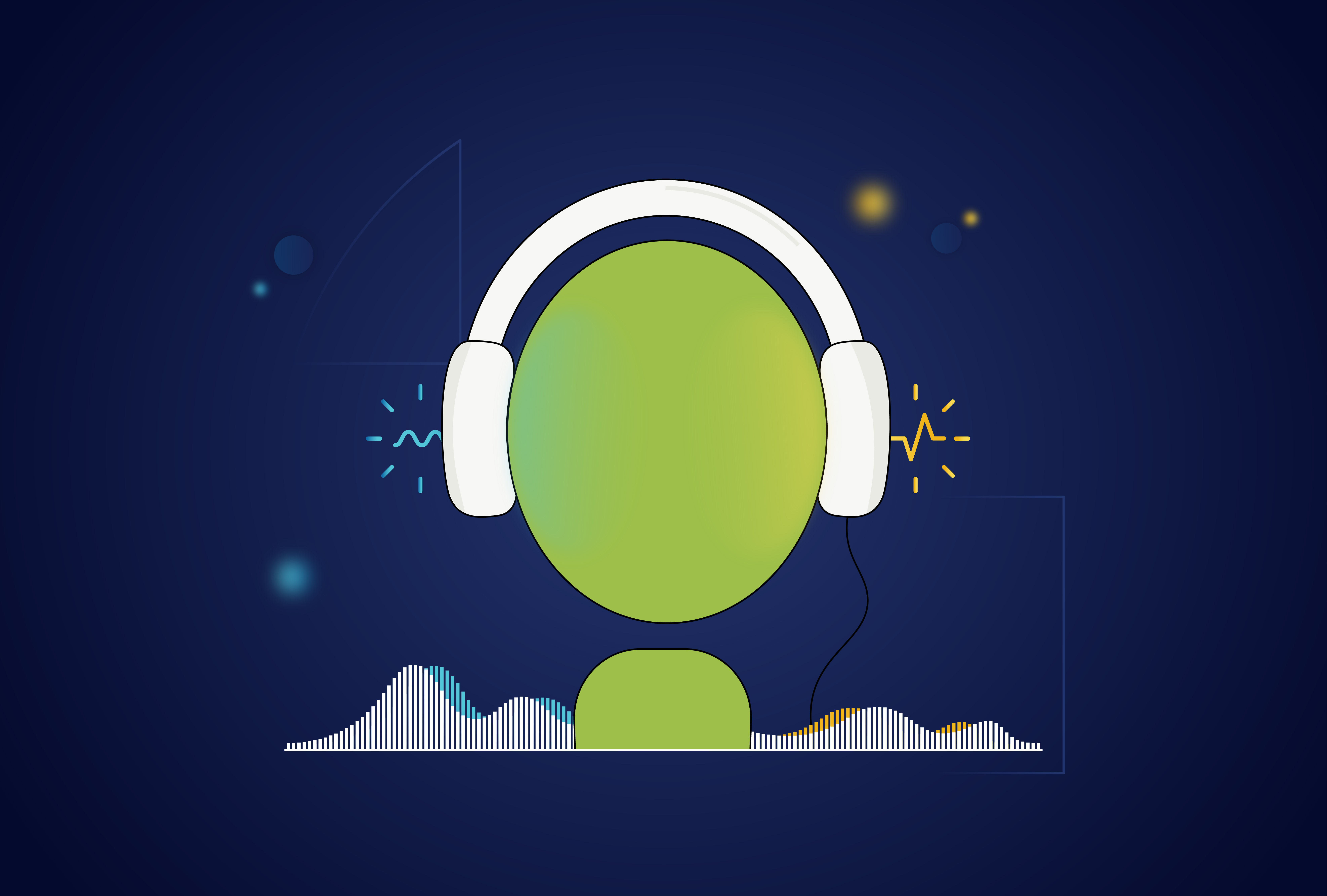 Digital Illustration of a person wearing headphones, different sound waves coming from each side.