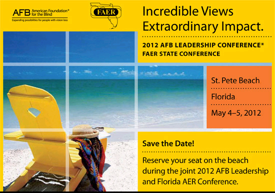 AFB's invite postcard, featuring a pristine beach, crashing waves and a beach chair. Copy includes date, time, location and conference partners.
