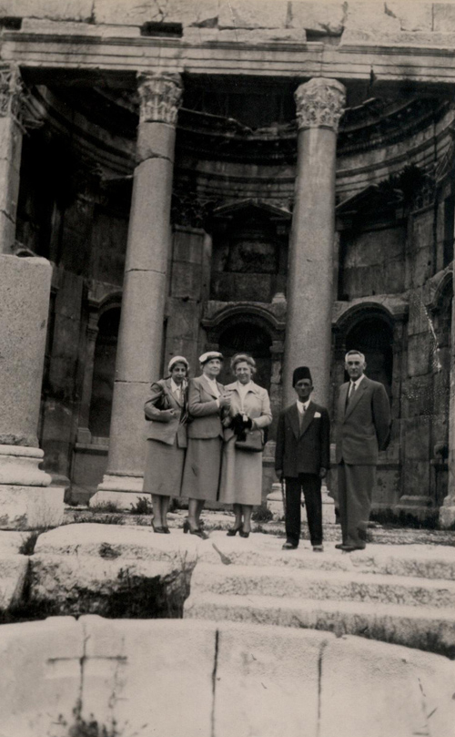  Helen Keller and Polly Thomson (second and third from left) at the Balbeck Ruins, Lebanon, 1952