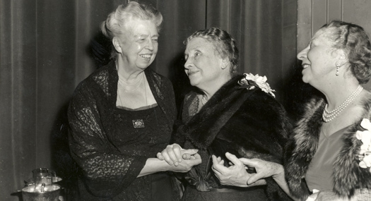 Eleanor Roosevelt, Helen Keller, and Polly Thomson at a banquet before Helen and Polly's trip to the Far East. Waldorf Astoria Hotel, NYC, 1955
