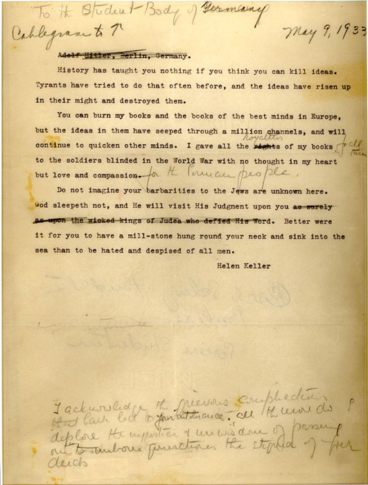 Helen Keller's letter to the Germany Student Body, dated May 9, 1933