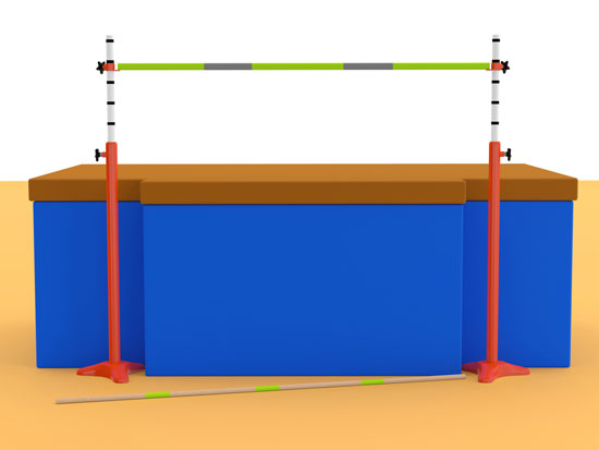 High jump equipment. A bar for the athlete to jump over, and a cushion on the other side.