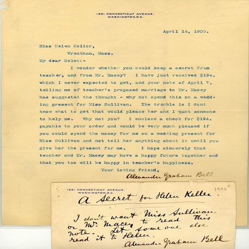 A letter from Alexander Graham Bell to Helen Keller regarding a wedding present for Anne Sullivan Macy, 1905.