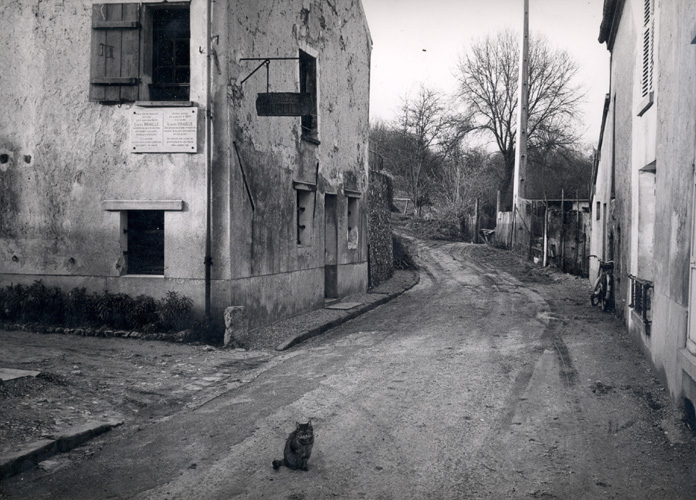 Photograph of Louis Braille's home in Coupvray. A dirt road separates Louis' very simple stone house on the left from another house (possibly also belonging to the Braille family) on the right-hand side. A marble plaque indicating that the house was occupied by Louis is on the side of the building facing the viewer and a wooden harness maker building sign is visible on the other side of the building. A cat sits on the road. No date.
