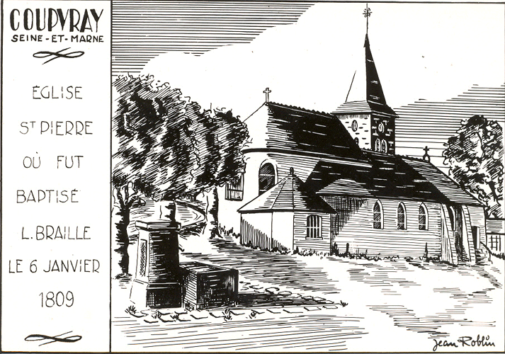 Postcard with drawing by Jean Roblin of the church in Coupvray. Text on the left-hand side reads "Eglise St. Pierre ou fut baptise L. Braille Le 6 Janvier 1809" [St. Pierre Church where L. Braille was baptized on January 6 1809]. No date. 