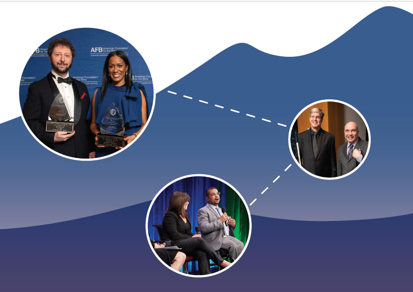 collage of Peter Korn of Amazon and Alleace Gibbs, Northrup Grumman, holding their Helen Keller Achievement Awards, Kirk Adams and Russell Shaffer at AFBLC, and two panelists speaking at the NY employment summit