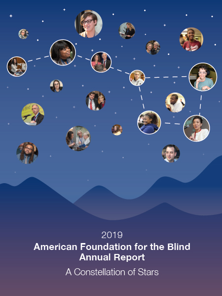 AFB 2019 annual report cover -- illustration of a mountain range, with a constellation of stars above. Each star is a photograph of a person, and all are connected by dotted lines.