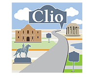 Clio Logo. Computer graphic of a road passing between major land marks of a city.