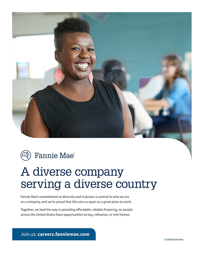 Image: A smiling black woman with short hair wearing a black shirt and pink-and-gold earrings sitting in a sunlit room. People are meeting at a table behind her. Below the image is the Fannie Mae logo, a simple line drawing of a house and a hill. 