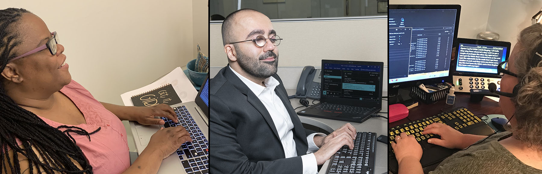 three photos of people using technology at work -- a woman using a laptop, a man wearing a suit and glasses, using a traditional keyboard and a large monitor, and a woman using a high-contrast keyboard and magnified screen