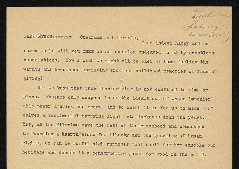 Helen Keller's address in London on Thanksgiving discussing the nature of the holiday, 1946.