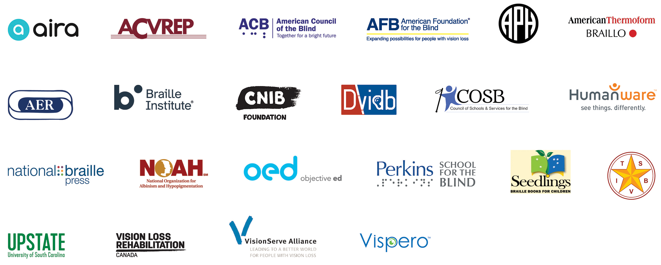 An array of company logos for the organizations that collaborated on this report: Aira, ACVREP, American Council of the Blind, American Foundation for the Blind, APH, American Thermoform, Braillo, AER, Braille Institute, CNIB Foundation, DVIDB, COSB, Humanware, National Braille Press, NOAH, OED, Perkins School for the Blind, Seedlings Braille Books for Children, TSBVI, Upstate University of South Carolina, Vision Loss Rehabilitation Canada, VisionServe Alliance, and Vispero. 