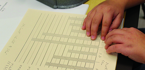 A Hispanic student is reading a tactile bar graph titled "Cost of Plane Tickets". There are 8 bars on the graph. A Perkins brailler sits to the right. 