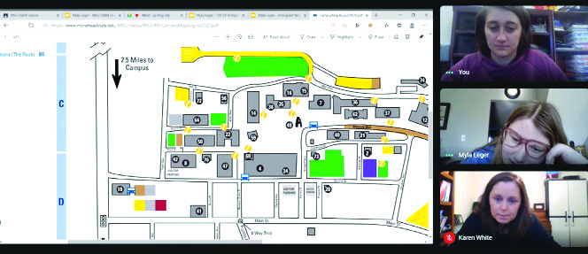 On a Zoom screen, a map of a college campus is shown on the left. On the right are images of a White O&M intern, White middle school student, and White O&M instructor. They are discussing a route the student can travel through the college campus. 