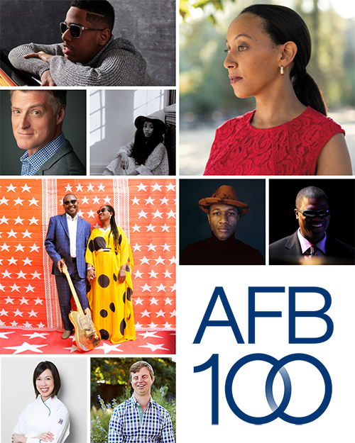 collage of ambassadors and allies: Matthew Whitaker, Sean Allan Krill, Jennah Bell, Haben Girma, Amadou & Mariam, Aloe Blacc, Marcus Roberts, Christine Ha, Hoby Wedler, and the AFB100 logo
