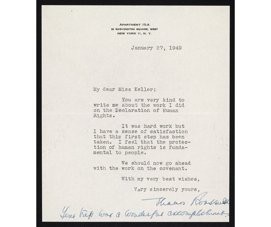 Letter from Eleanor Roosevelt to Helen Keller about her Declaration of Human Rights. January 27, 1949.