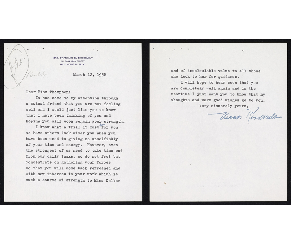 Letter from Eleanor Roosevelt to Polly Thomson wishing her good health. March 12, 1958.