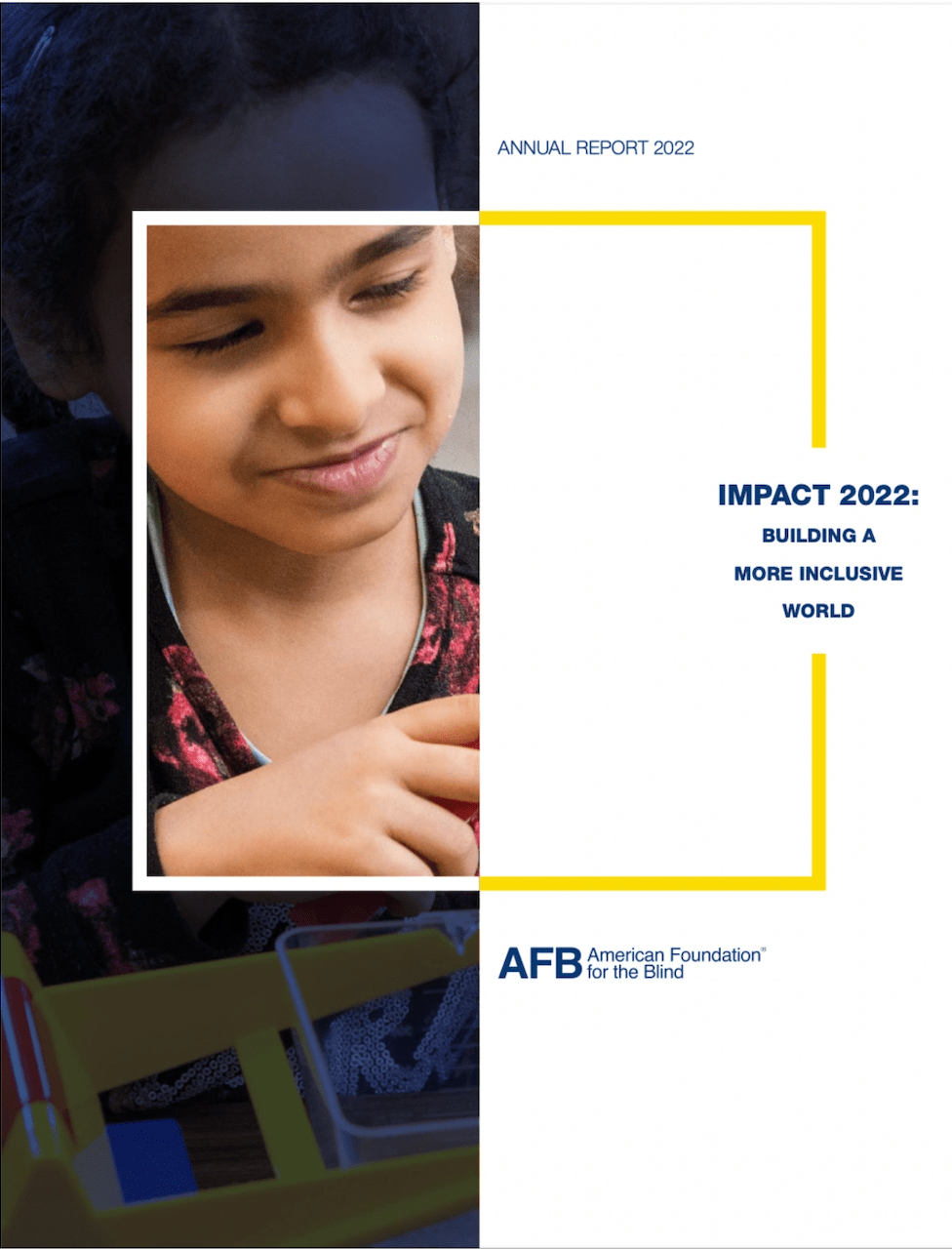 Impact 2022: Building a More Inclusive World. There is a young girl smiling within a square in the middle of the cover.
