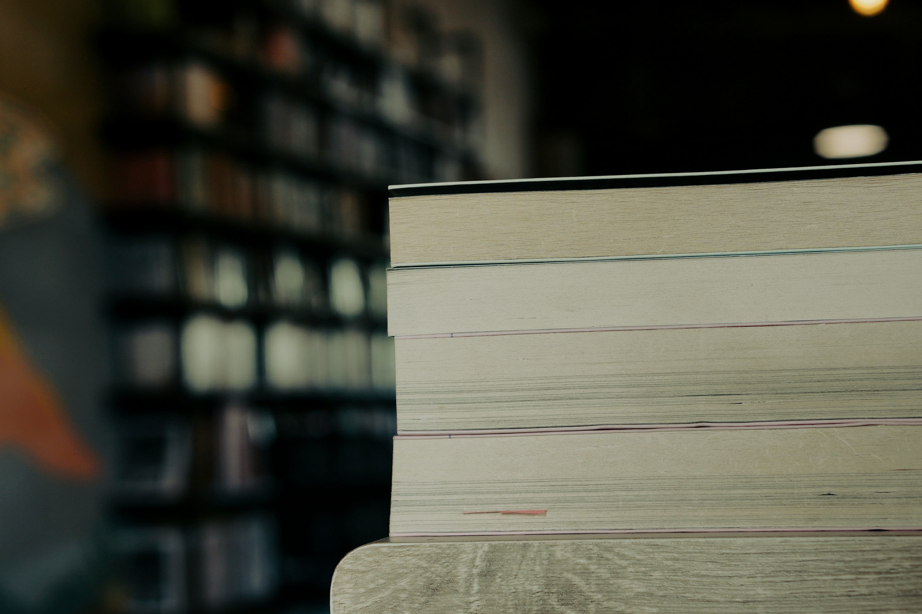 A stack of books in a library.