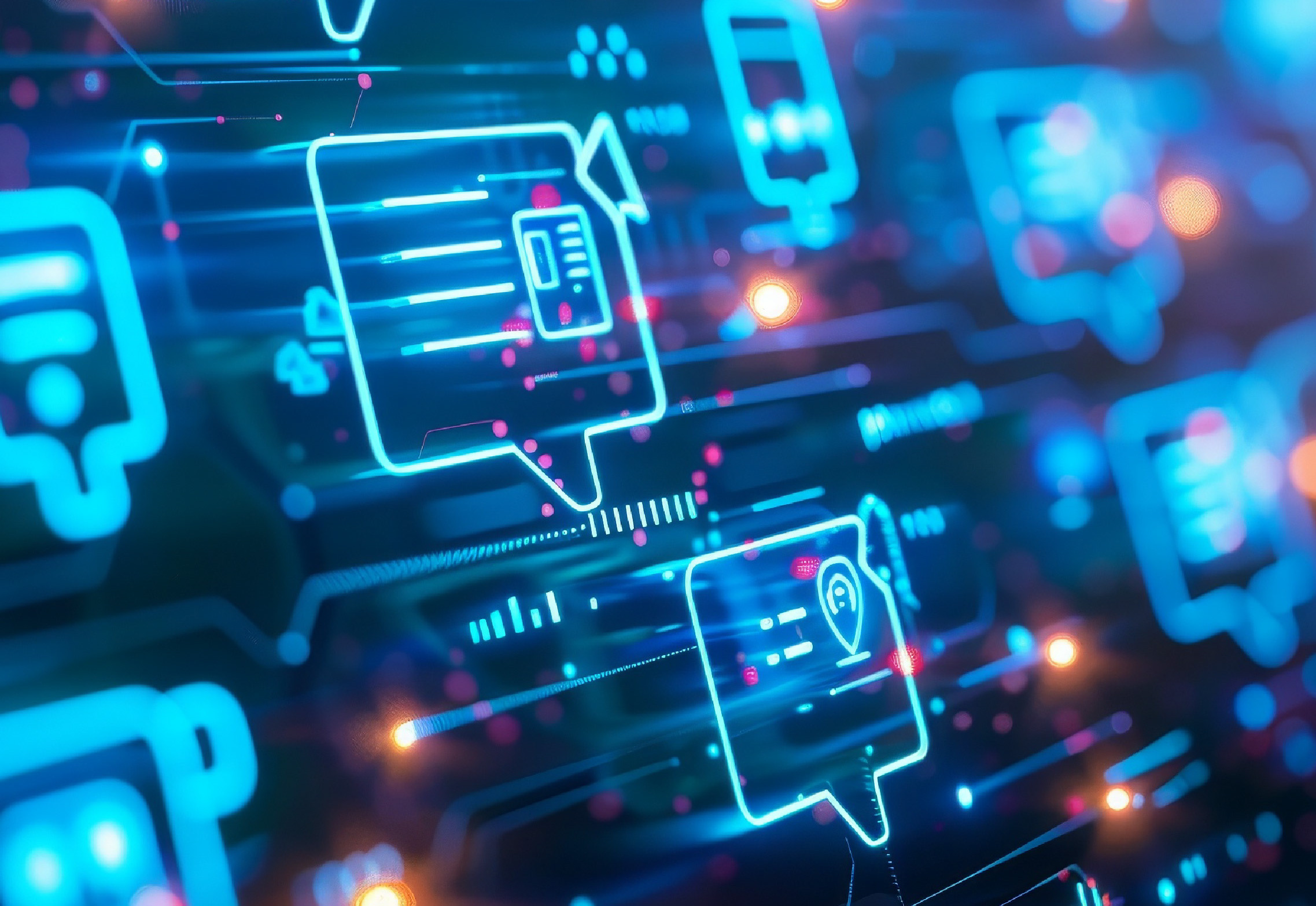 Speech bubbles and other icons representing AI chatbots.