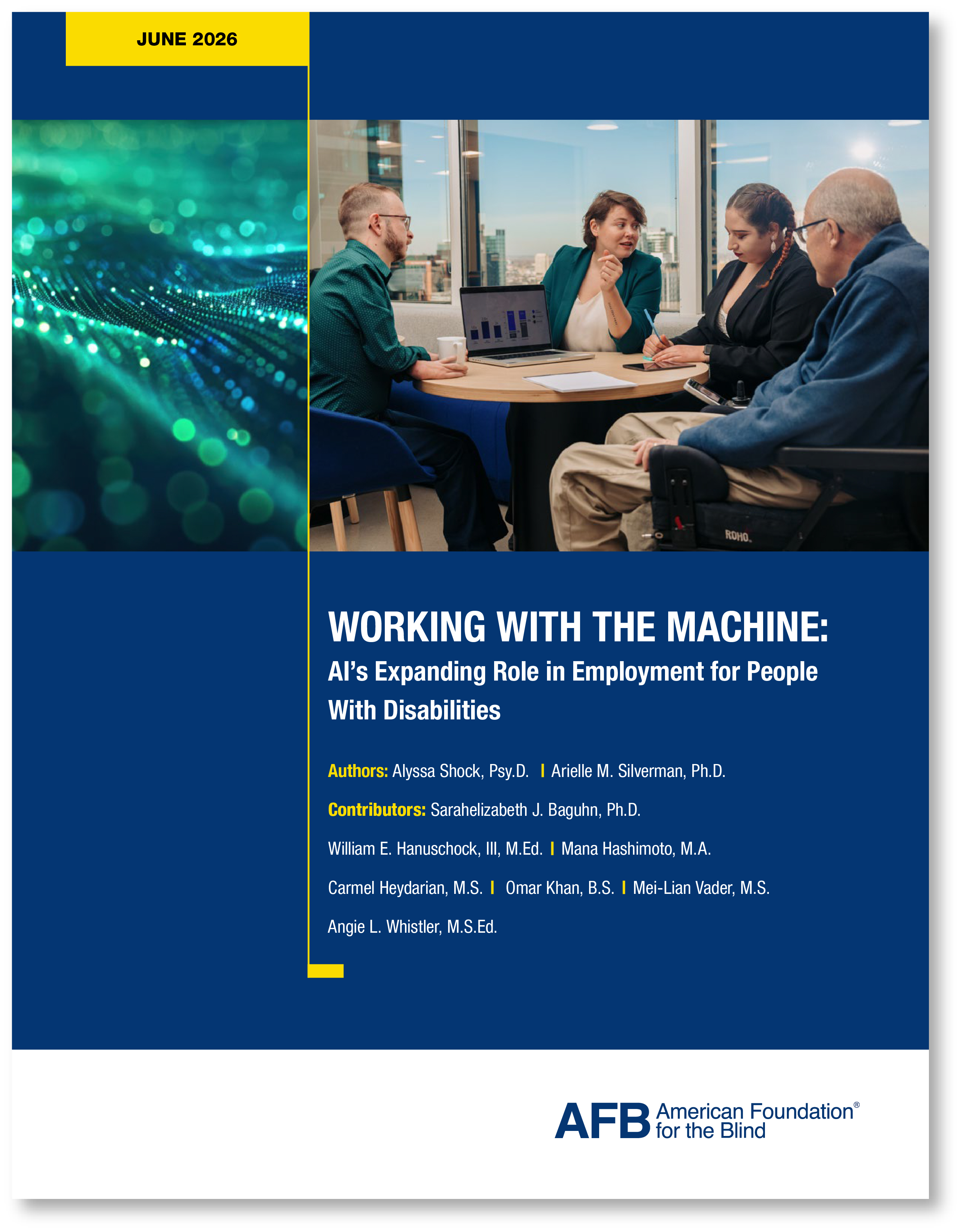 Working with the Machine report cover. A small group of diverse professionals gather around a small table. One colleague leads the conversation and references a slide on their open laptop.