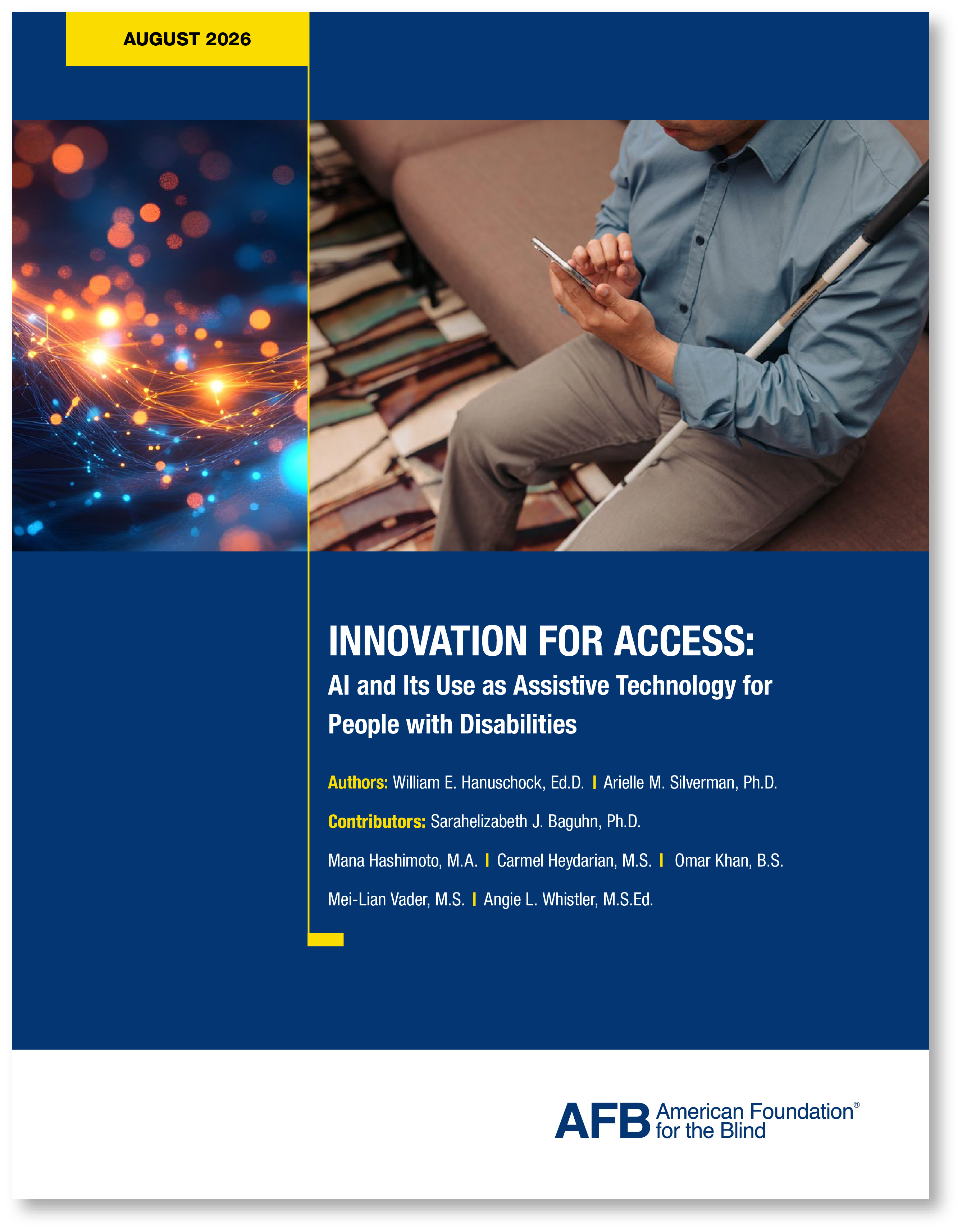 Innovation for Access report cover. A man with a white cane uses a mobile phone.