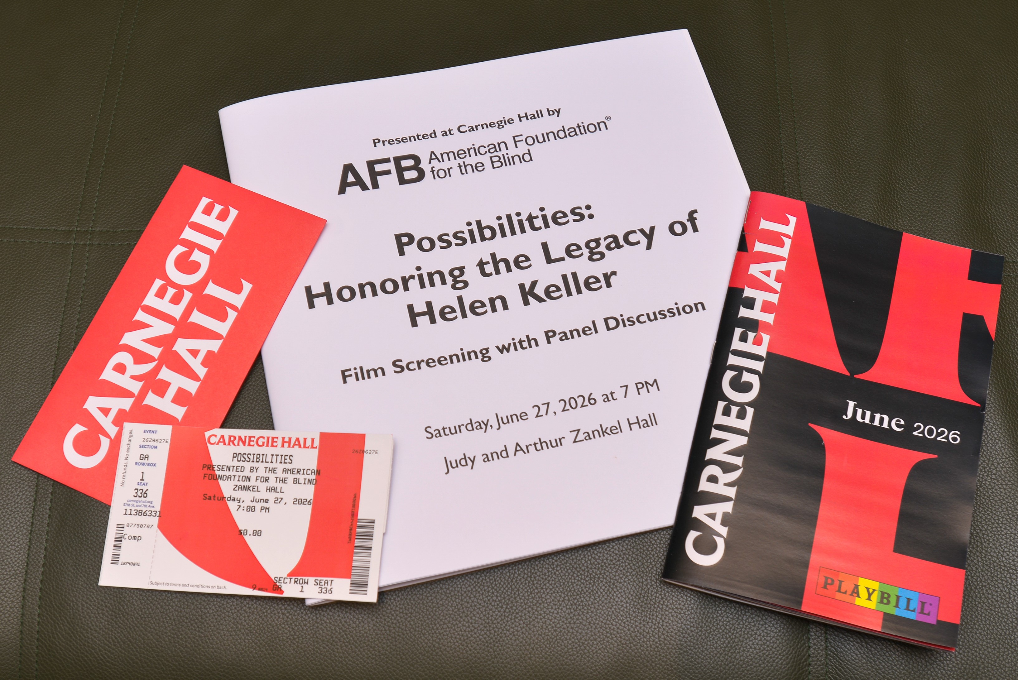 Possibilities documentary prints, including the Carnegie Hall Playbill and ticket.