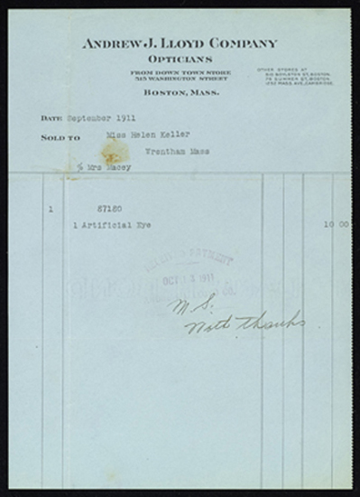 Receipt for artificial eye for Helen Keller