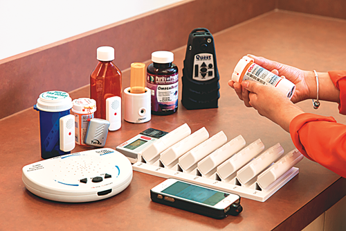 Various medication identification tools on a table