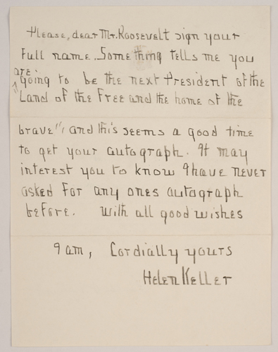 Reply from Helen Keller to Franklin D. Roosevelt