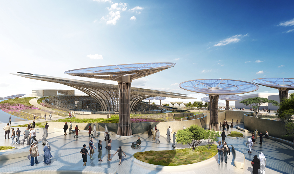 artist's rendering of the Sustainability Pavilion for EXPO 2020 in Dubai - Riverbed Approach with wheelchair user among the many people enjoying the shaded outdoor space.