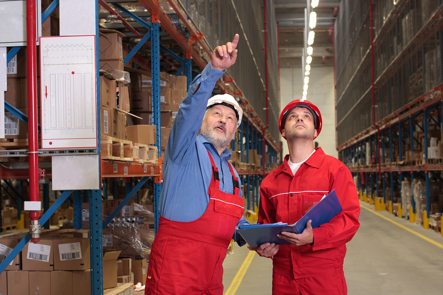 Two men standing in a warehouse. The older man on the left is pointing to lighting fixtures on the ceiling. The younger man standing next to him holds an open safety manual.