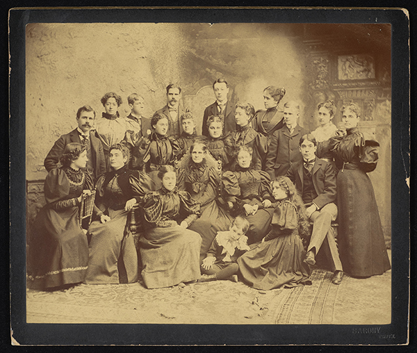 The first class of the Wright Humason School for the deaf, NYC. Helen Keller with Anne Sullivan Macy in a group photograph of the class.