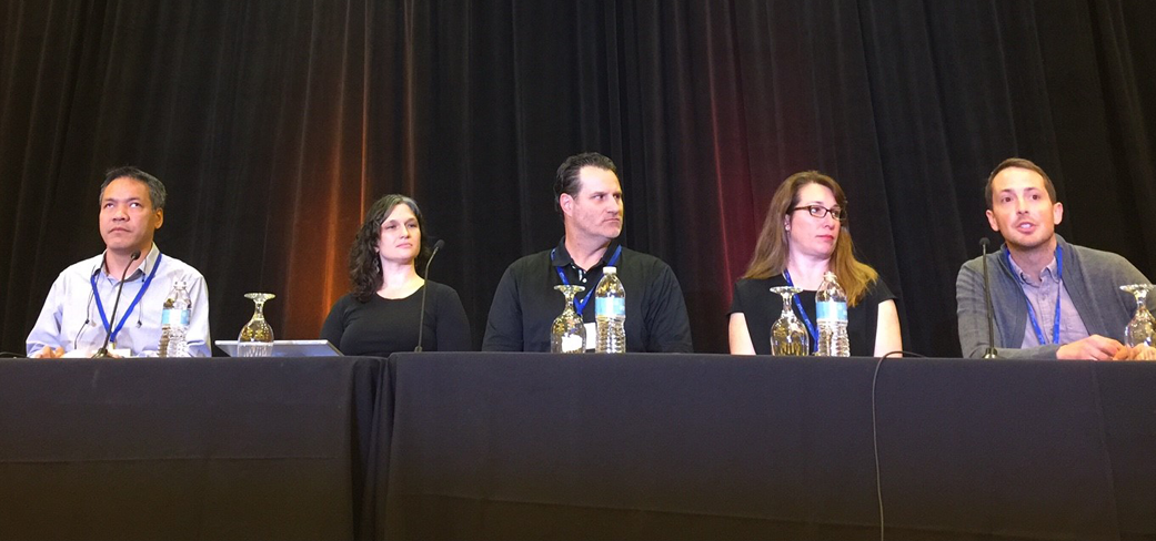 From left to right, Jennison Asuncion, Engineering Manager, Accessibility, LinkedIn; Megan Lawrence, Accessibility Technical Evangelist, Microsoft; Mark Lapole, Lead Product Manager, Accessibility, eBay; Sarah Herrlinger, Director, Accessibility Policy and Initiatives, Apple; and Jeffrey Wieland, Director of Accessibility, Facebook.