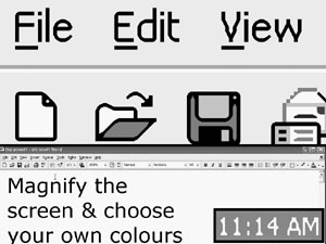 Figure 2: Computer screen image showing a magnified task bar with the text, "Magnify the screen and choose your own colours."