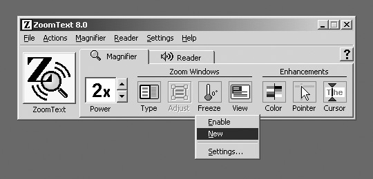 Figure 3: Computer screen image showing ZoomText's Control Panel.