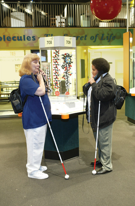 Cover Photo: Photograph of two women with long canes at the New York Hall of Science in front of a display case showing models of molecules and listening to audio tour phones. The display is labeled with the numbers 708 and 709 and pictures of an ear."