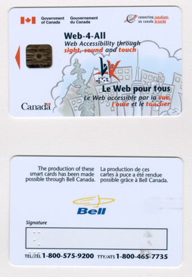 Photo of a Web-4-All smart card. The card reads "Web-4-All: Web Accessibility through site, sound, and touch" in English and French.