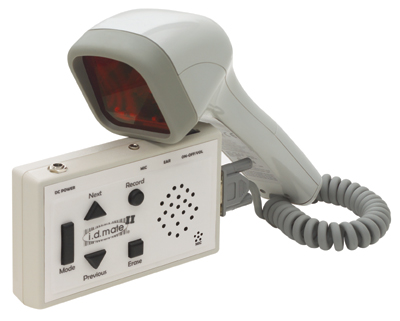 Photo of i.d. mate II, a rectangular recorder connected by a cord to a scanner with a large, square head.