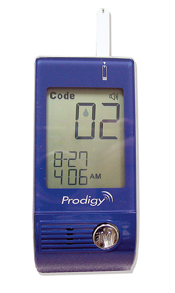 Photo of Prodigy blood glucose monitor.