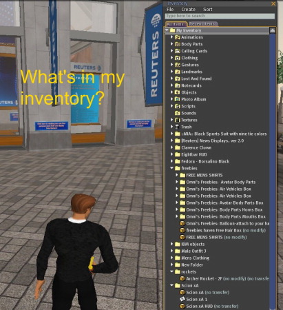 An avatar is shown standing in front of the Reuters building. The user has mouse-clicked the Inventory button, and a list of things being carried is shown in a dialogue box.
