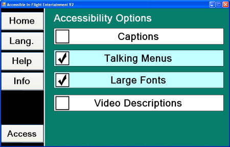 The Accessibility Options screen displaying in Large Fonts Mode with Large Fonts and Talking Menus options both checked. The menu also shows other Accessibility options, including Captions and Video Descriptions.