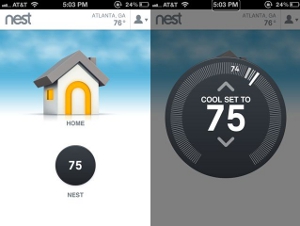 Screenshot of Nest app main screen and thermostat control screen side by side