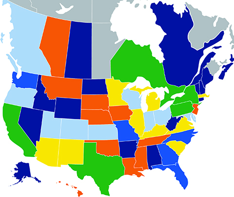 Map of the United States and Canada showing the range of participants in each state and province. California, Texas, New York, Pennsylvania and Ontario each have more than 40 participants. Each U.S. state has at least 1-5 participants and 6 Canadian provinces have participants