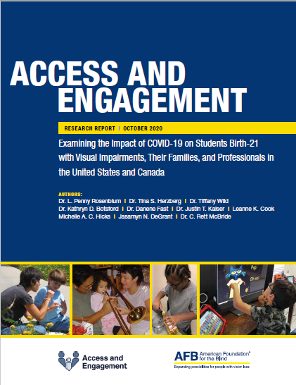 cover of the Access and Engagement report, which is dark blue with white text and four photos of school-aged children engaged in educational activities at home