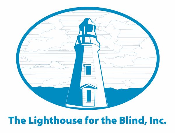 Blue lighthouse in an oval with text The Lighthouse for the Blind, Inc.